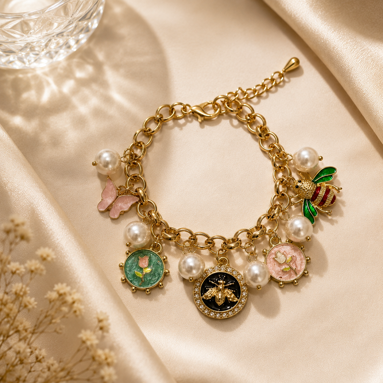 Vrenora Enchanted Garden Charm Pearl Bracelet