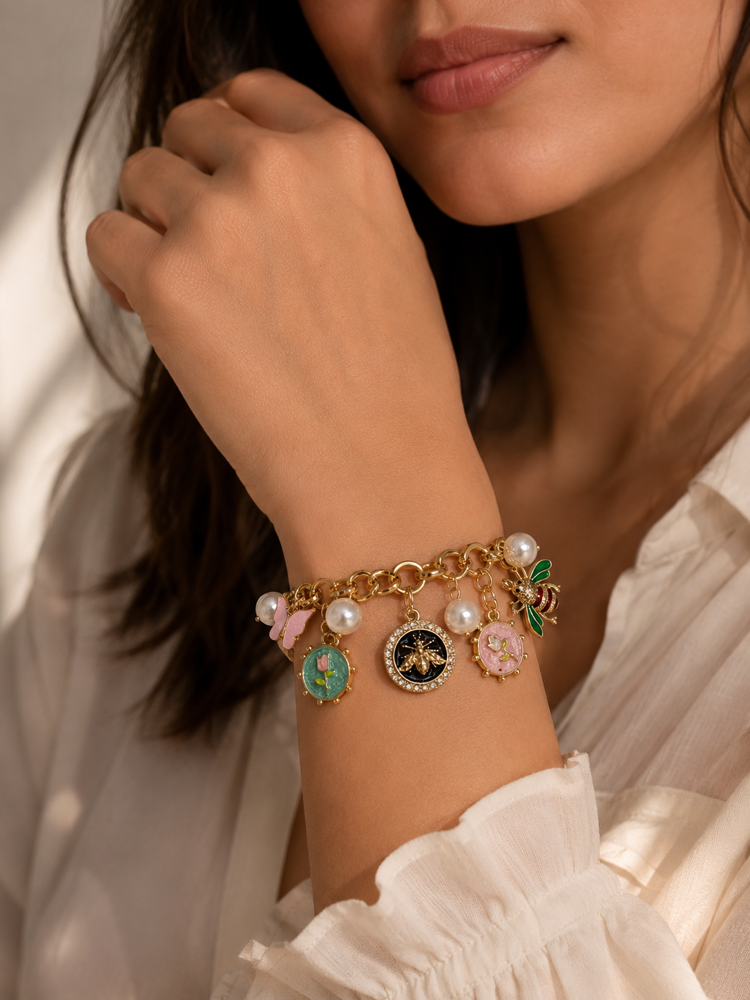 Vrenora Enchanted Garden Charm Pearl Bracelet