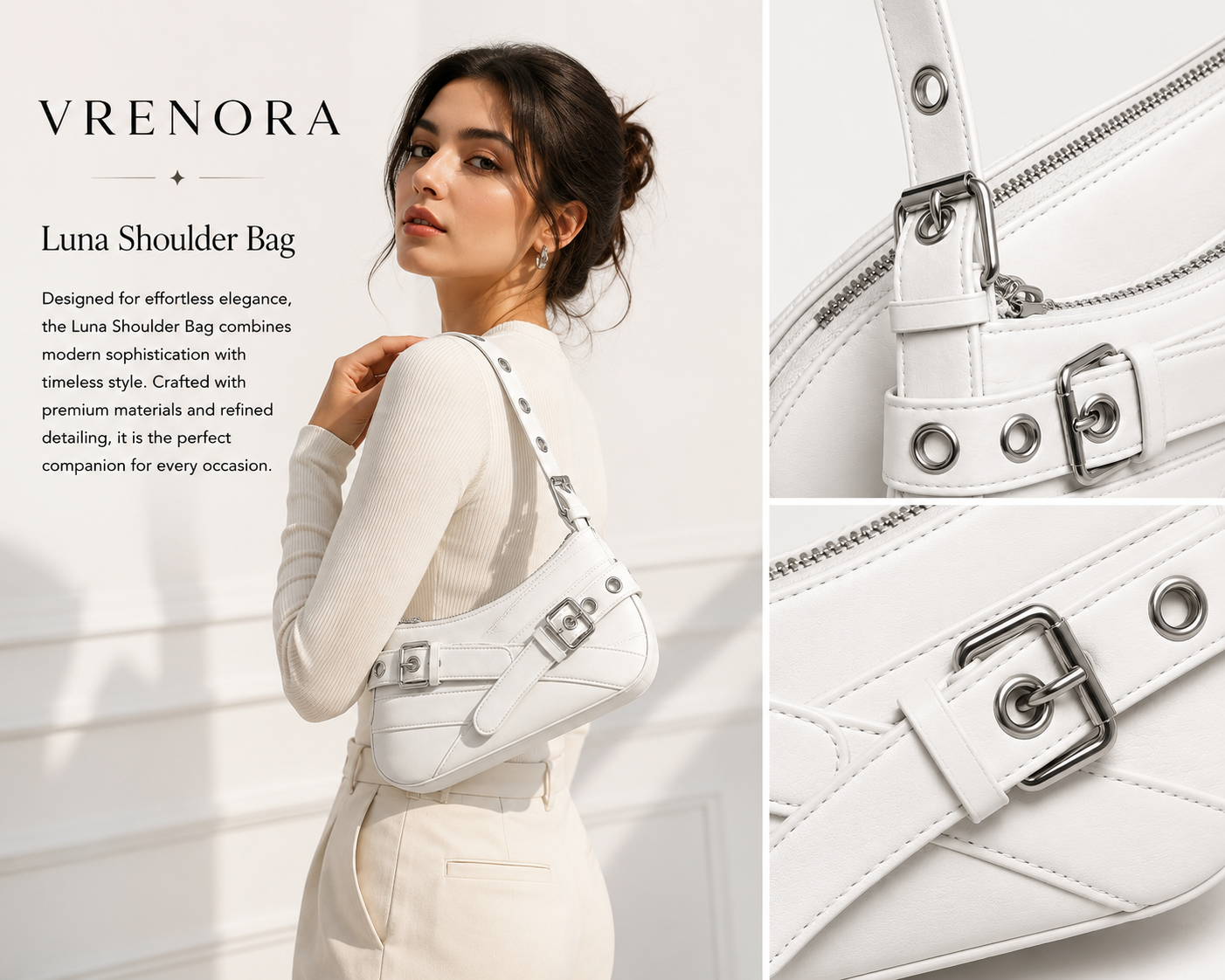 Vrenora Luna Buckle Shoulder Bag – White